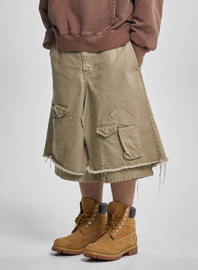 Washed Layered Cargo Skrit Shorts BEIGE