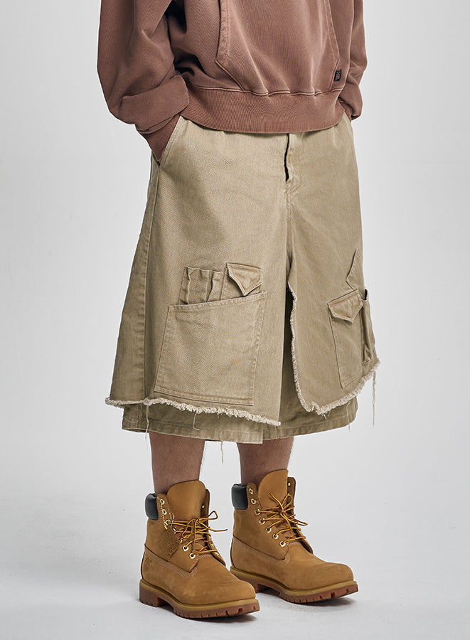 Washed Layered Cargo Skrit Shorts BEIGE