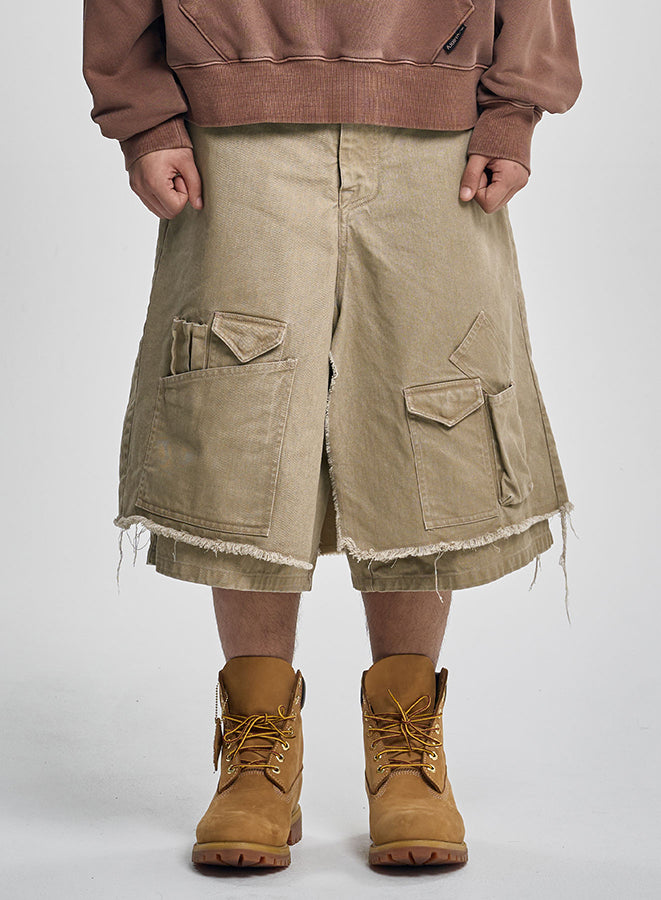 Washed Layered Cargo Skrit Shorts BEIGE