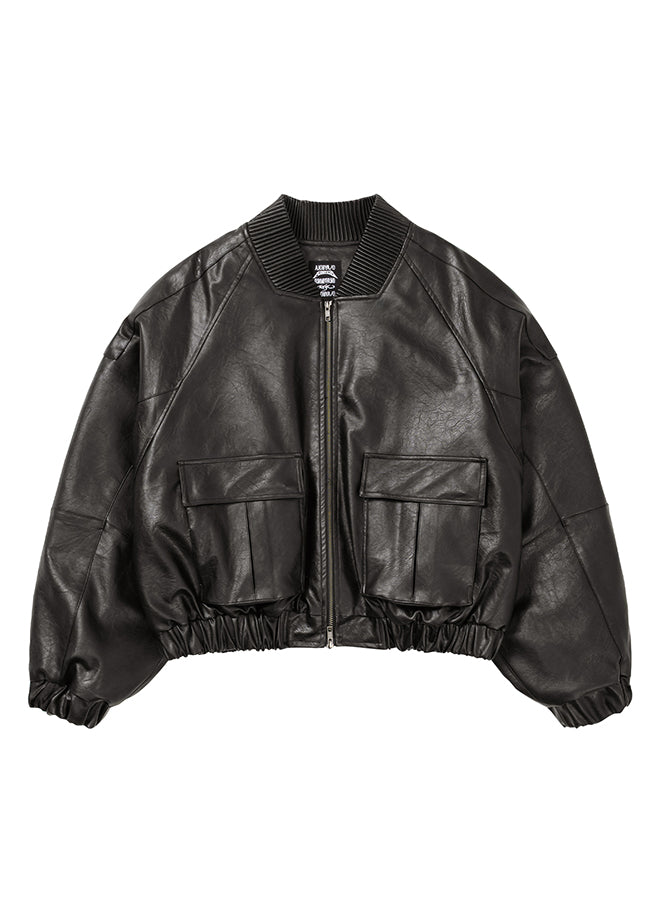 Faux Leather Ribbed Collar Blouson DARK BORWN