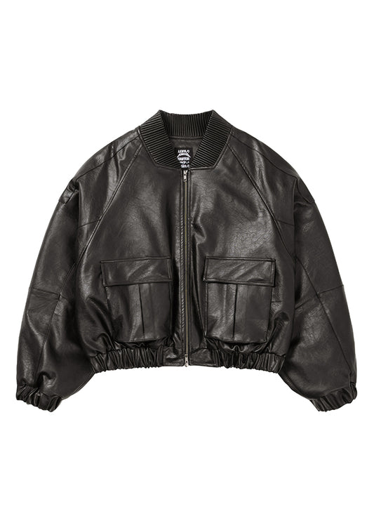 Faux Leather Ribbed Collar Blouson DARK BORWN