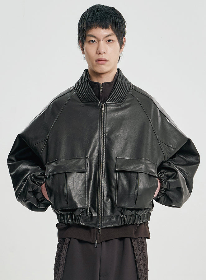 Faux Leather Ribbed Collar Blouson DARK BORWN