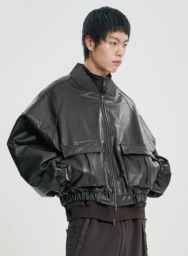 Faux Leather Ribbed Collar Blouson DARK BORWN