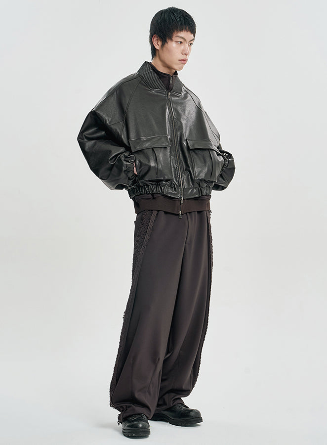 Faux Leather Ribbed Collar Blouson DARK BORWN