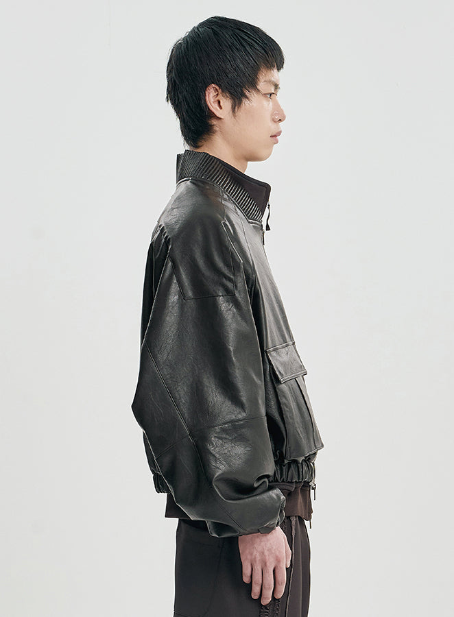 Faux Leather Ribbed Collar Blouson DARK BORWN