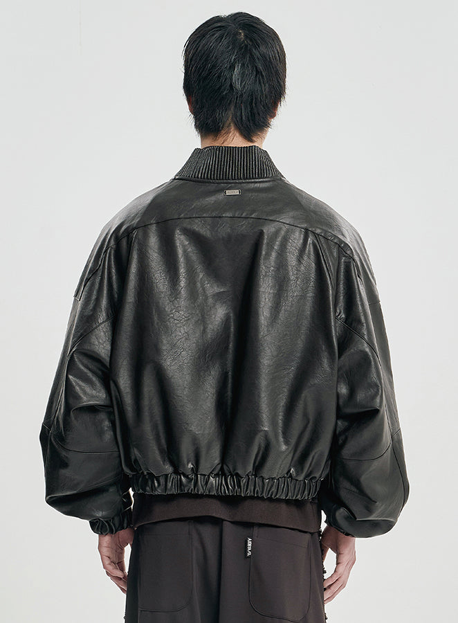 Faux Leather Ribbed Collar Blouson DARK BORWN