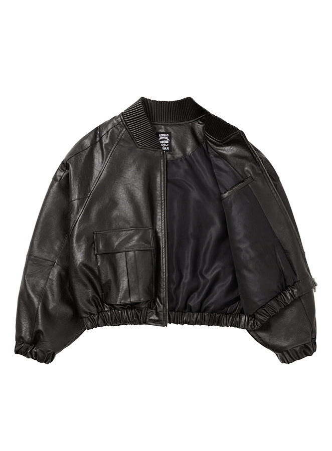 Faux Leather Ribbed Collar Blouson DARK BORWN