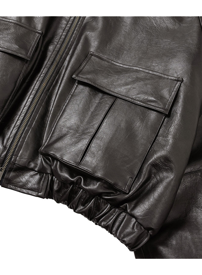 Faux Leather Ribbed Collar Blouson DARK BORWN