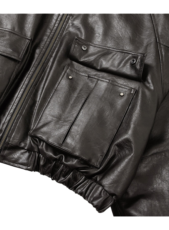 Faux Leather Ribbed Collar Blouson DARK BORWN
