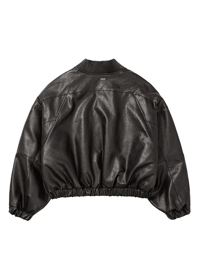 Faux Leather Ribbed Collar Blouson DARK BORWN