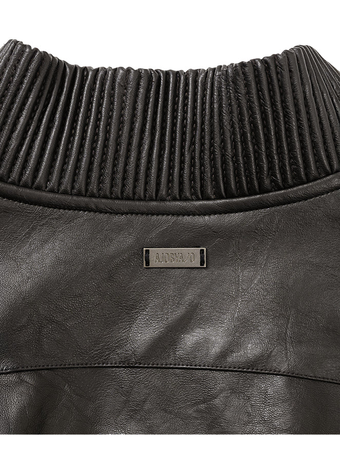 Faux Leather Ribbed Collar Blouson DARK BORWN