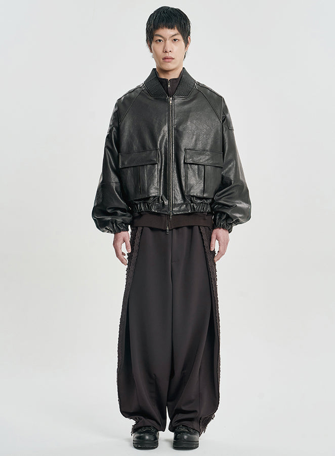 Faux Leather Ribbed Collar Blouson DARK BORWN