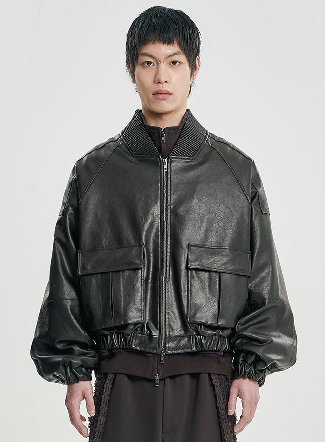 Faux Leather Ribbed Collar Blouson DARK BORWN