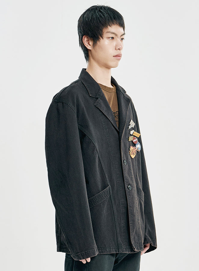 Washed Curved Seam Cotton Blazer BLACK