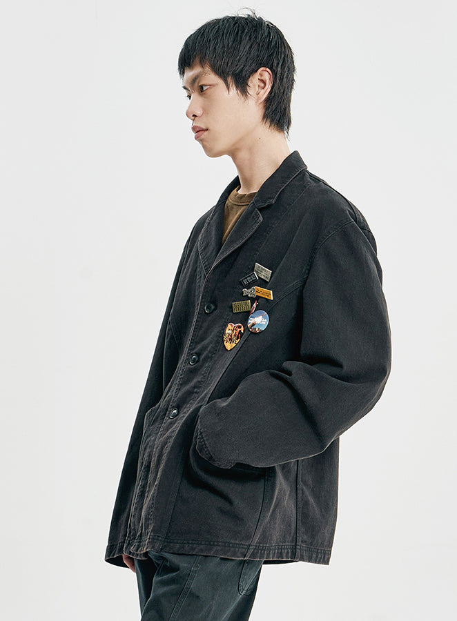 Washed Curved Seam Cotton Blazer BLACK