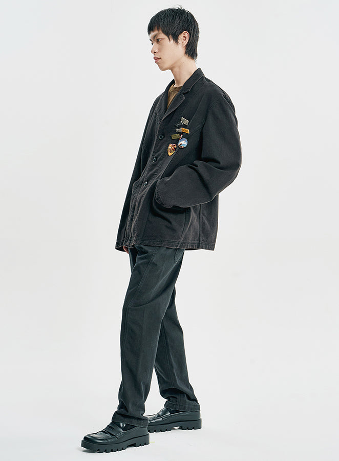 Washed Curved Seam Cotton Blazer BLACK