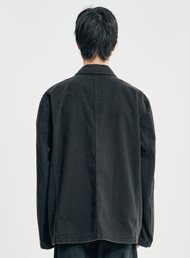 Washed Curved Seam Cotton Blazer BLACK