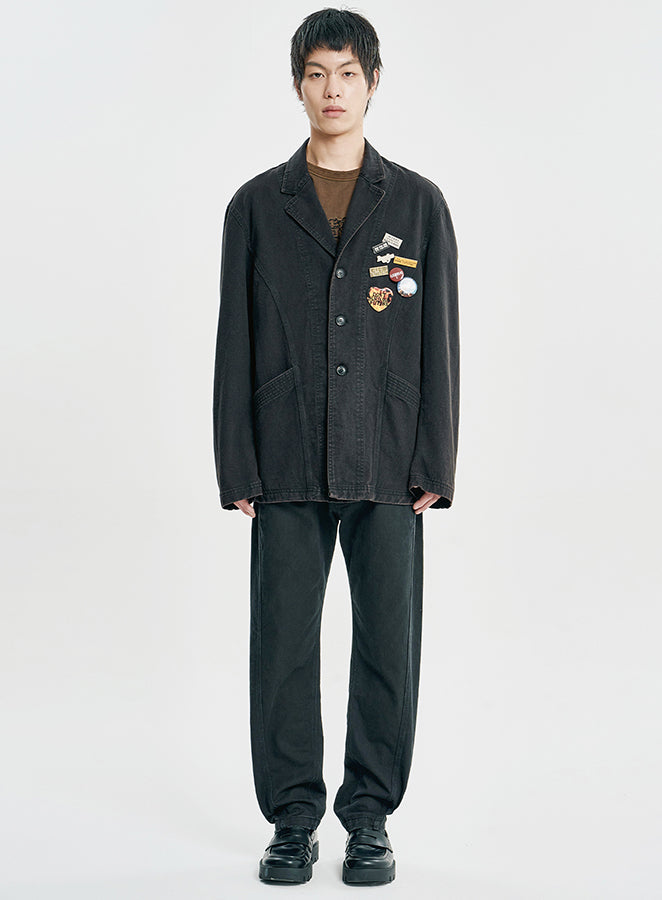 Washed Curved Seam Cotton Blazer BLACK