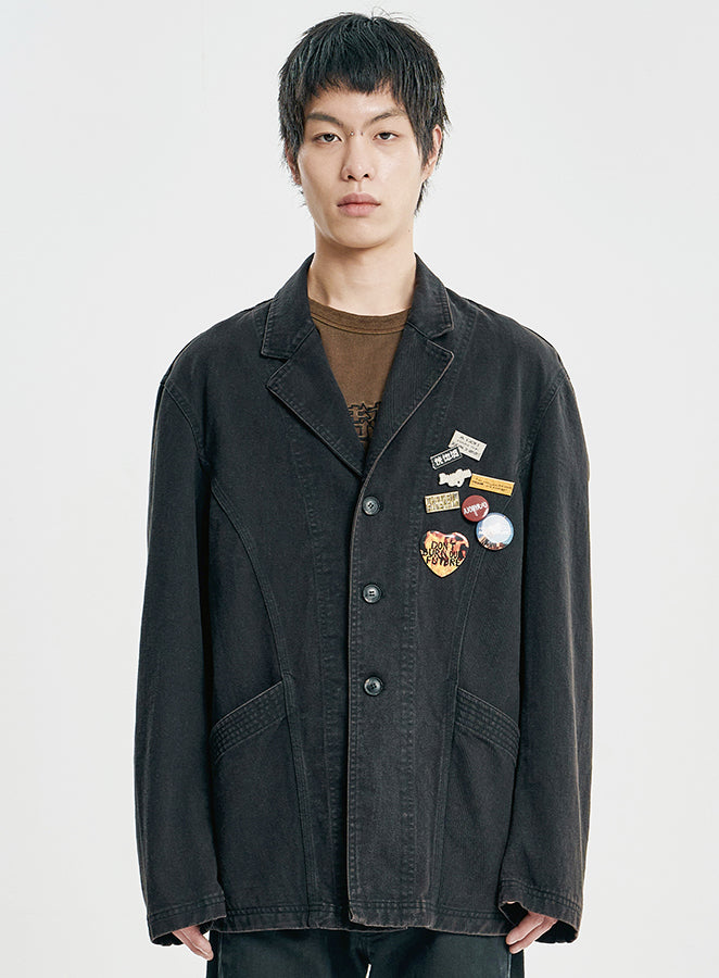 Washed Curved Seam Cotton Blazer BLACK