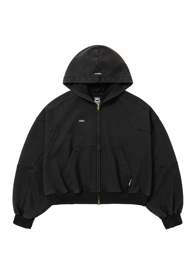 Cropped Bleach Washed Zip-Up Hoodie BLACK