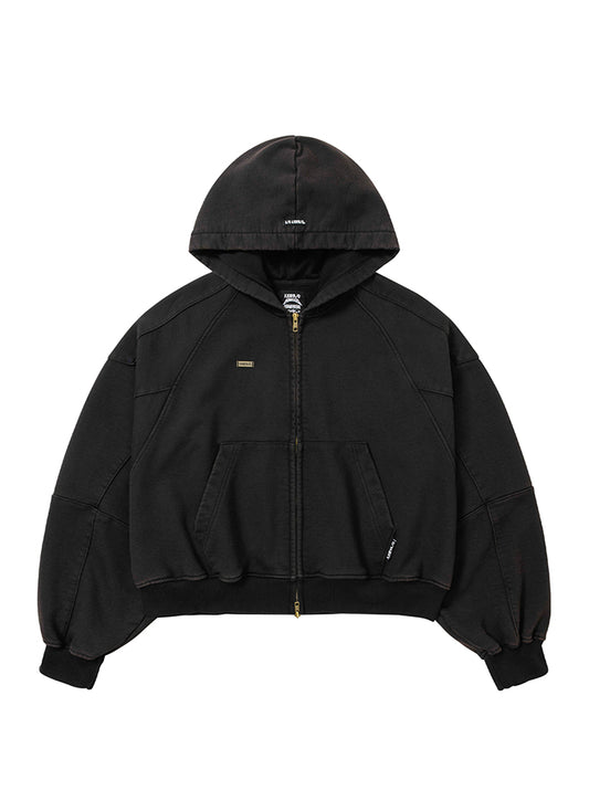 Cropped Bleach Washed Zip-Up Hoodie BLACK