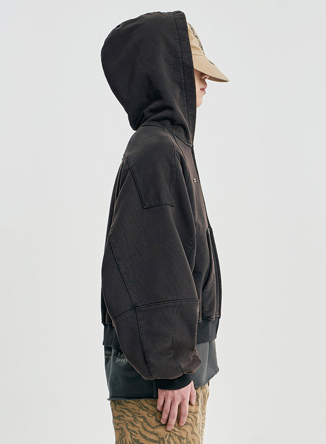 Cropped Bleach Washed Zip-Up Hoodie BLACK