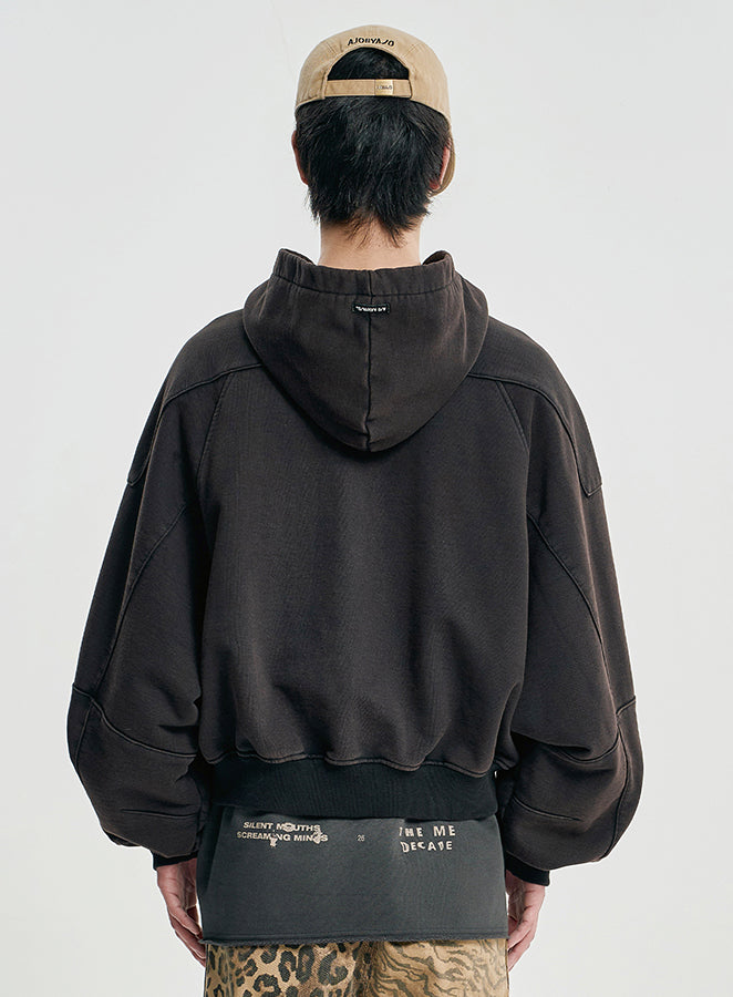 Cropped Bleach Washed Zip-Up Hoodie BLACK