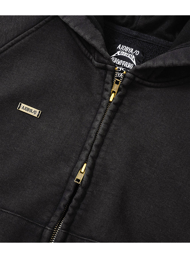 Cropped Bleach Washed Zip-Up Hoodie BLACK