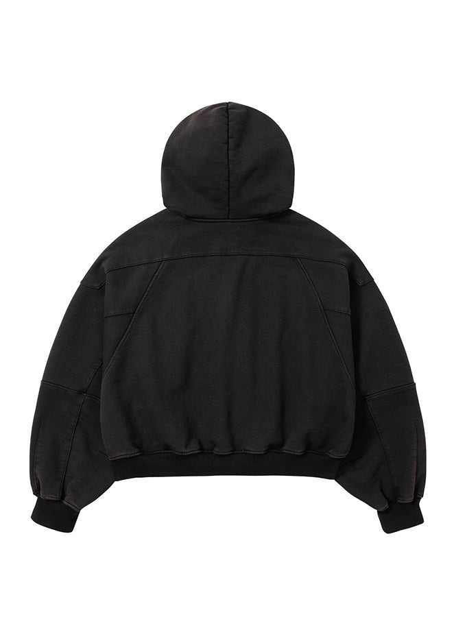 Cropped Bleach Washed Zip-Up Hoodie BLACK