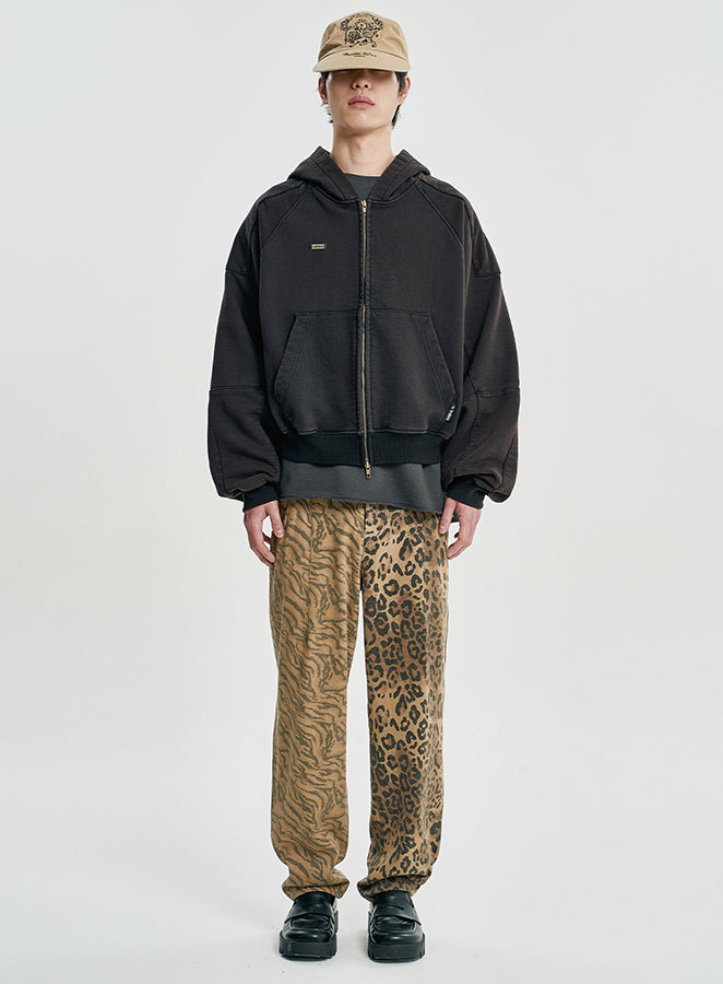 Cropped Bleach Washed Zip-Up Hoodie BLACK