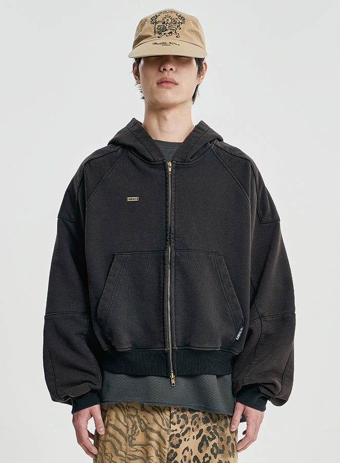Cropped Bleach Washed Zip-Up Hoodie BLACK