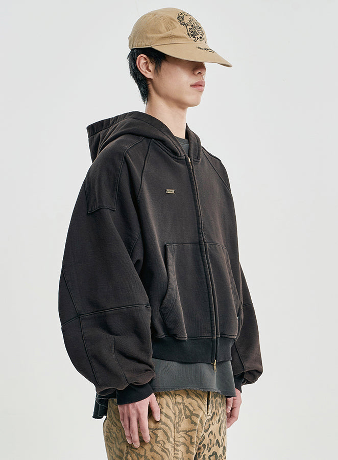 Cropped Bleach Washed Zip-Up Hoodie BLACK