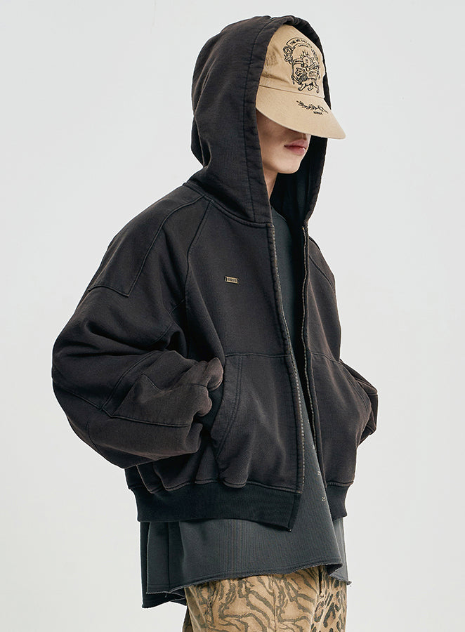 Cropped Bleach Washed Zip-Up Hoodie BLACK