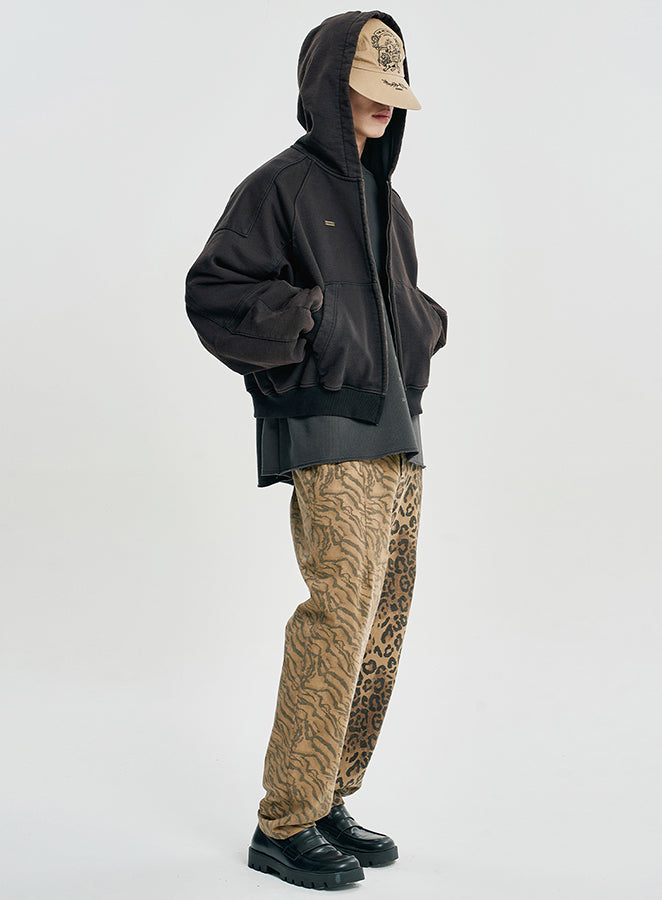 Cropped Bleach Washed Zip-Up Hoodie BLACK