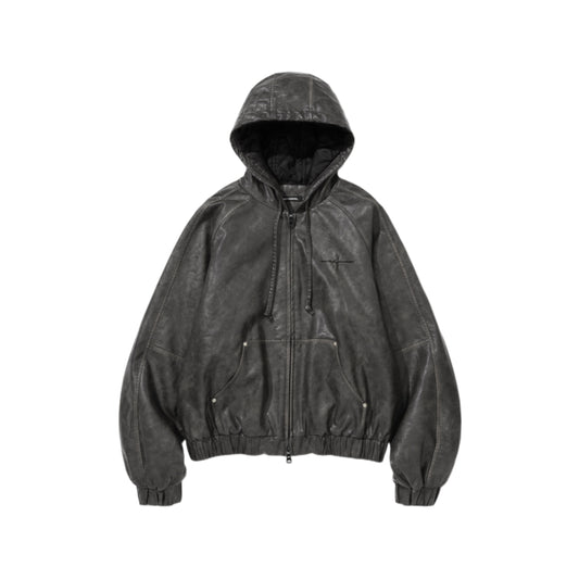 Crop Leather Vintage Hooded Jacket CHARCOAL