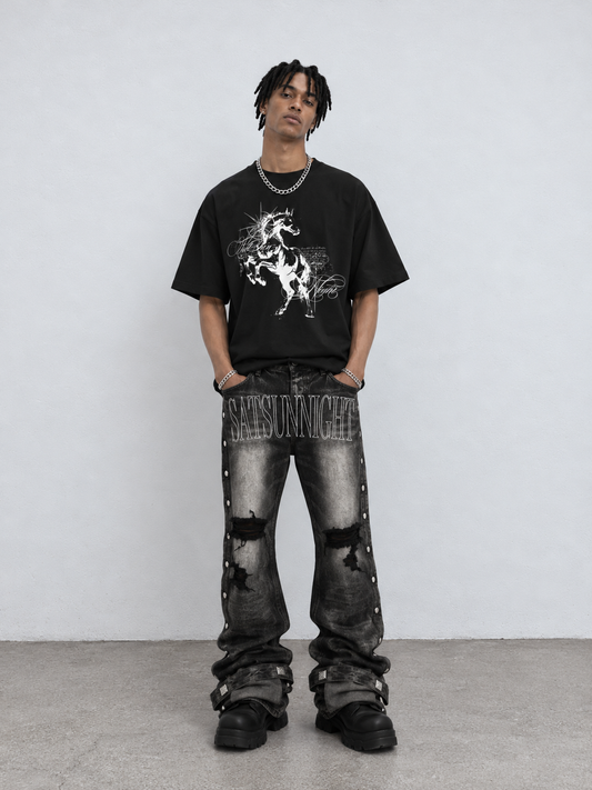 Lost in Castle Curved Denim Pants WASHED BLACK