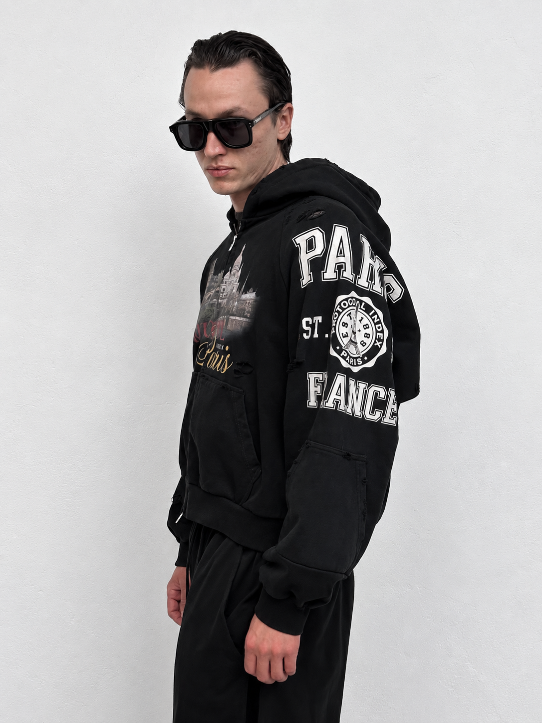 Paris Reconstructed Zip-Up Hoodie BLACK