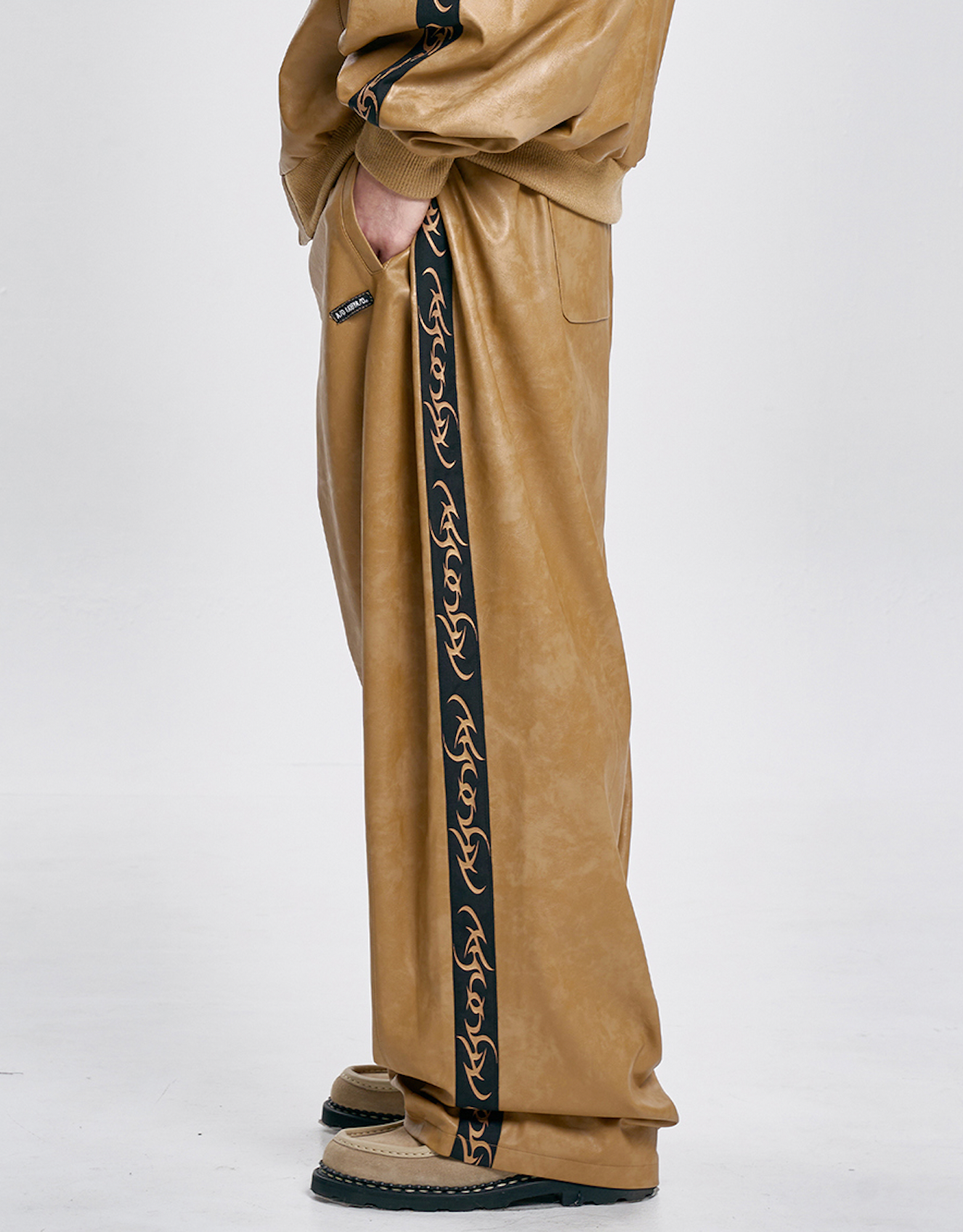 Vegan Leather One Tuck Track Pants CAMEL