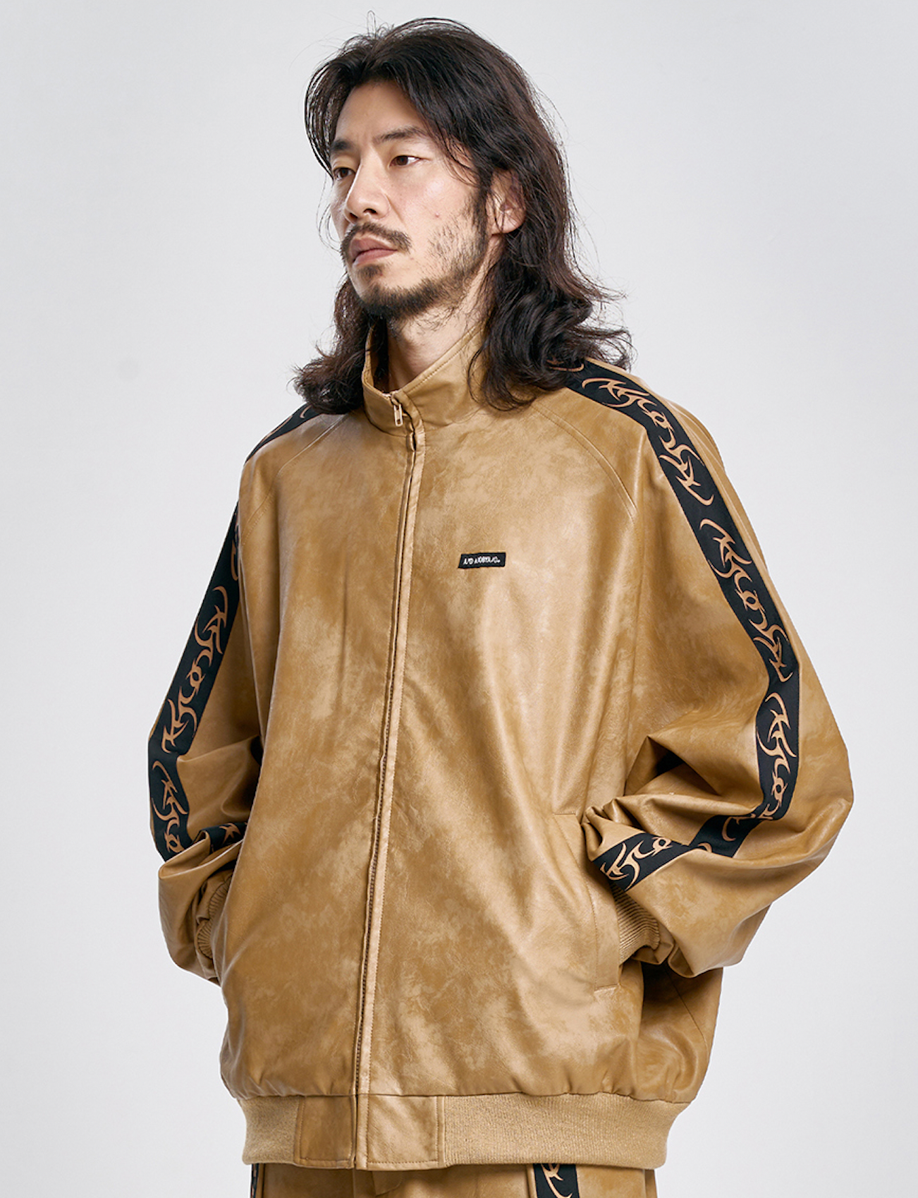 Vegan Leather Oversized Raglan Track Jacket CAMEL