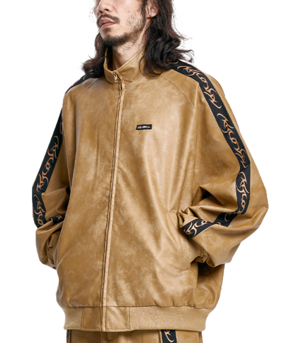 Vegan Leather Oversized Raglan Track Jacket CAMEL