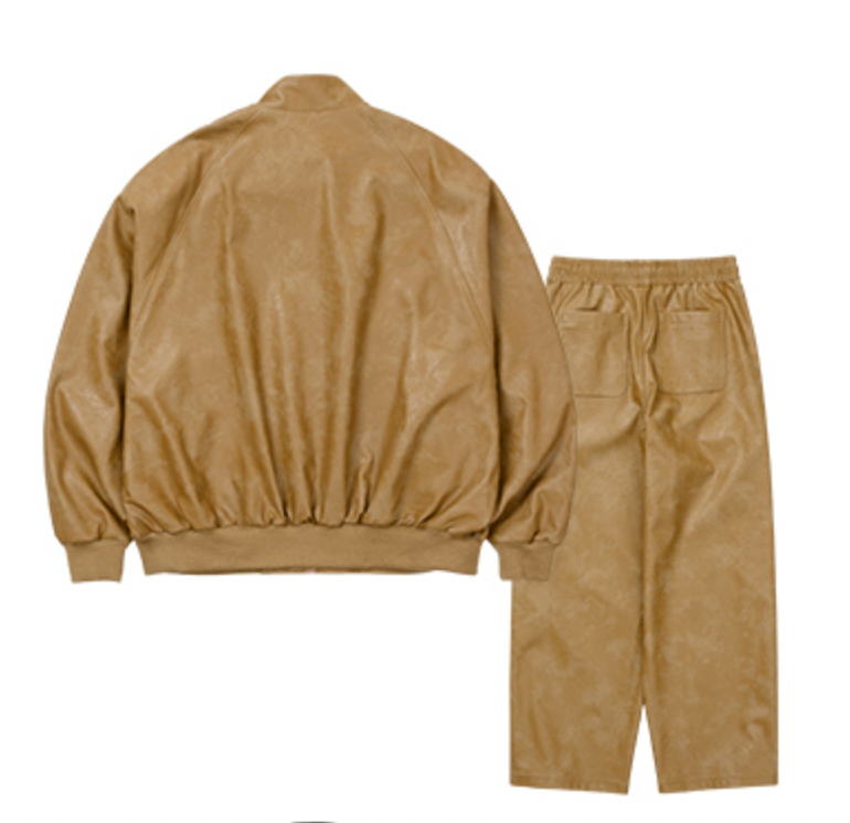 Vegan Leather Oversized Raglan Track Jacket  Set CAMEL