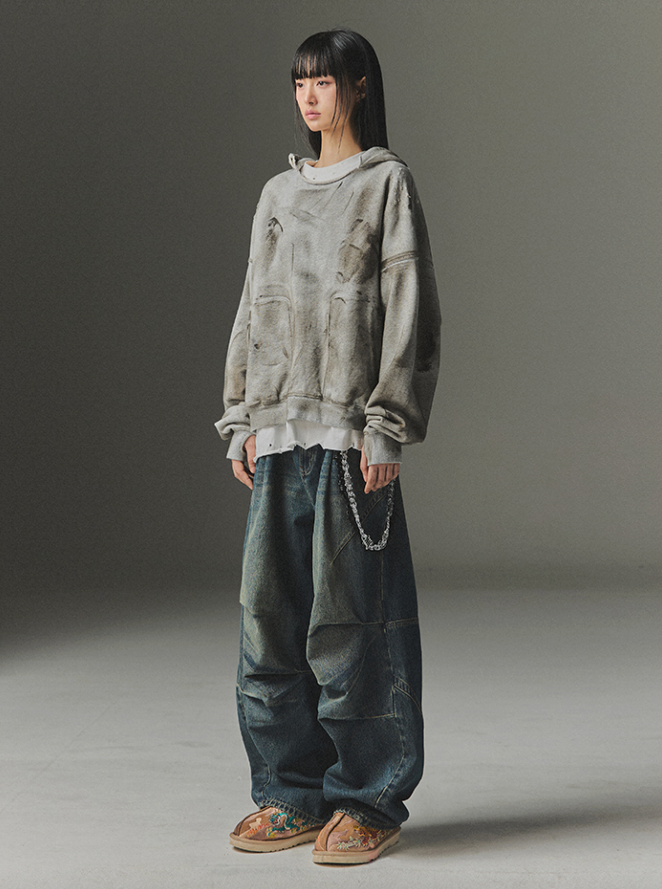 Damage Washed Patch Pullover Hood GREY