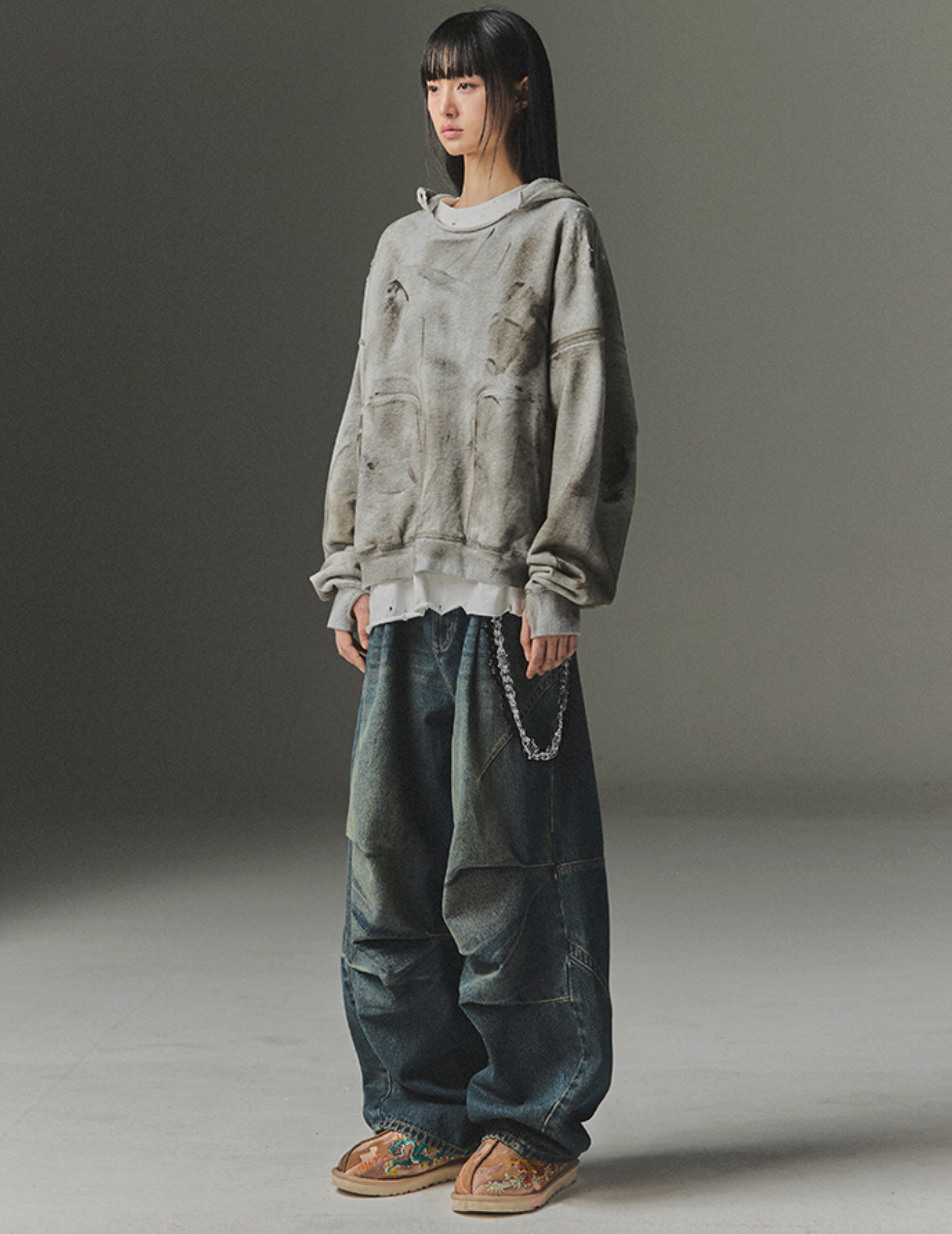 Multi Panel Dart Curved Denim Pants DEEP BLUE