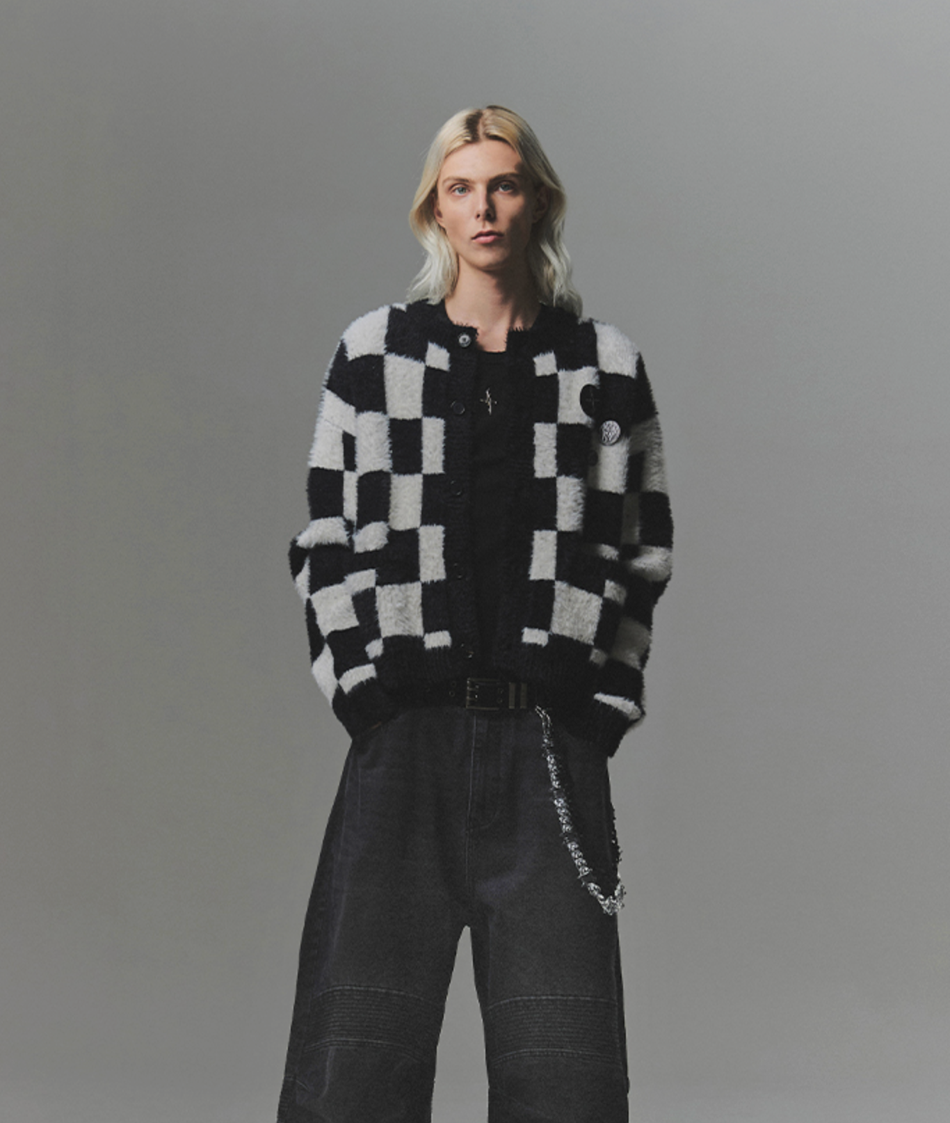 Checkerboard Mohair Cardigan BLACK