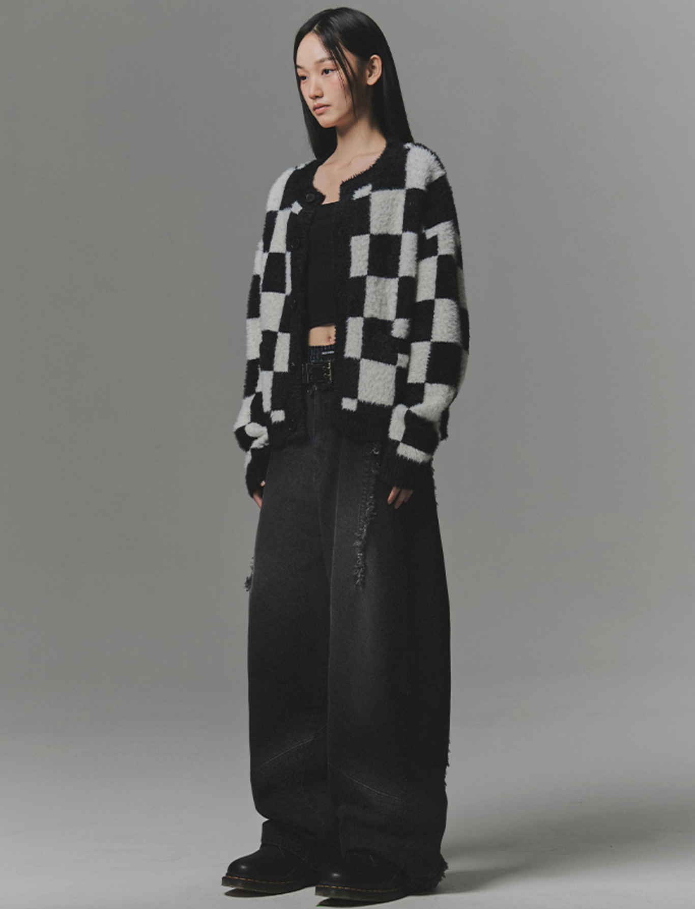 Checkerboard Mohair Cardigan BLACK