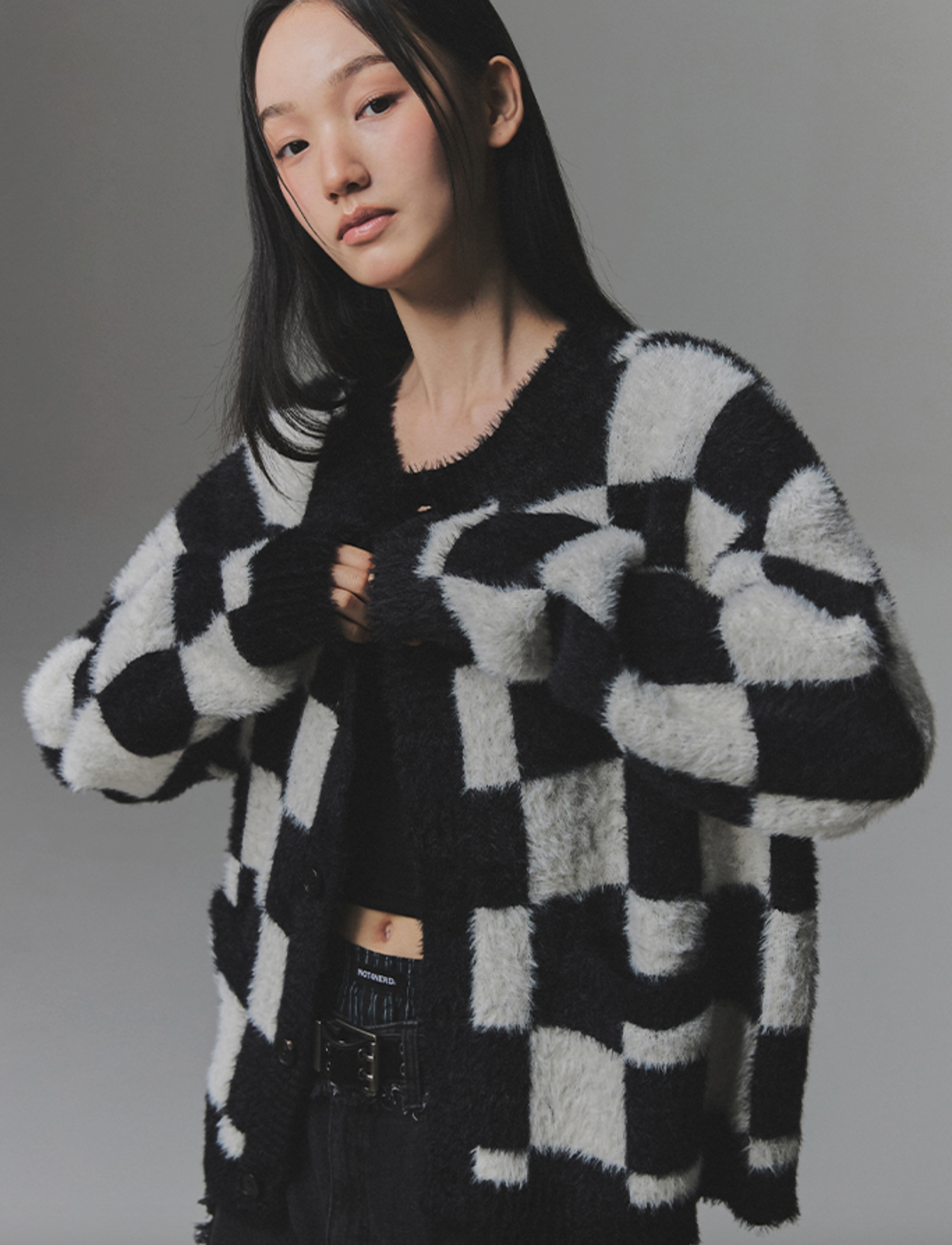 Checkerboard Mohair Cardigan BLACK