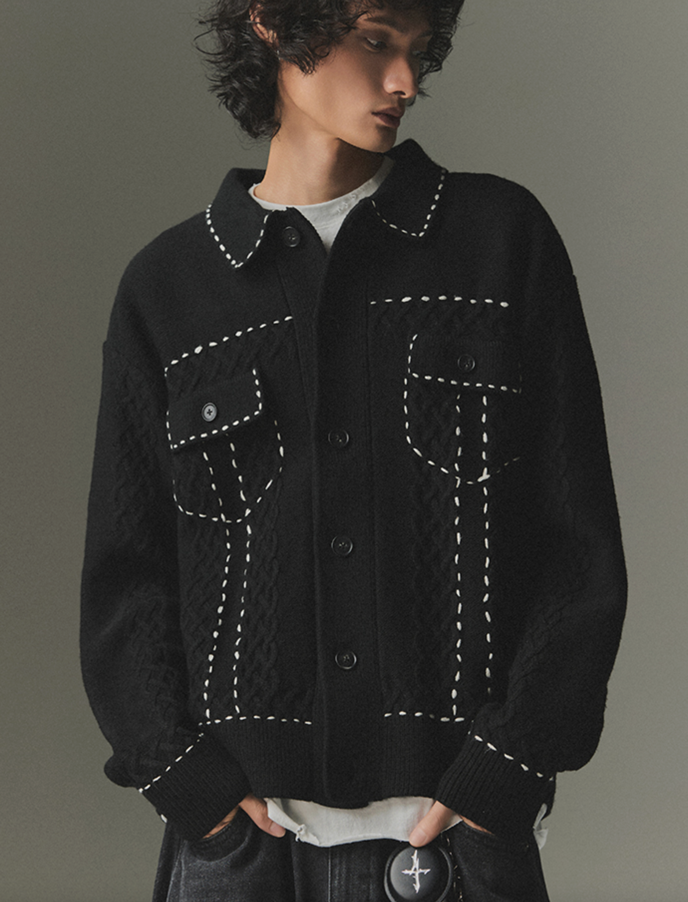 Contrast Stitch Knit Trucker Jacket BLACK