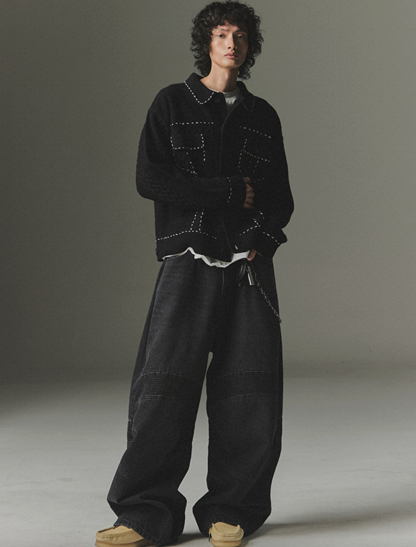 Contrast Stitch Knit Trucker Jacket BLACK