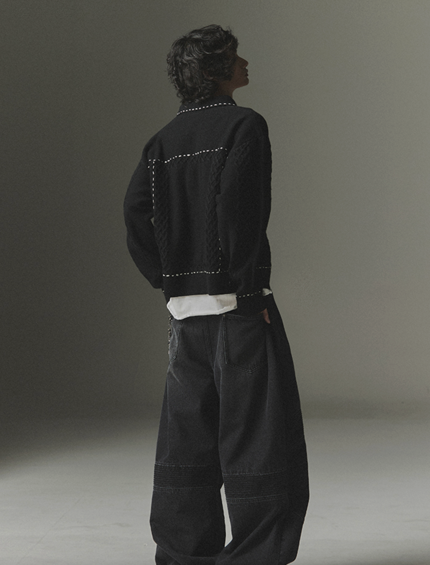 Contrast Stitch Knit Trucker Jacket BLACK