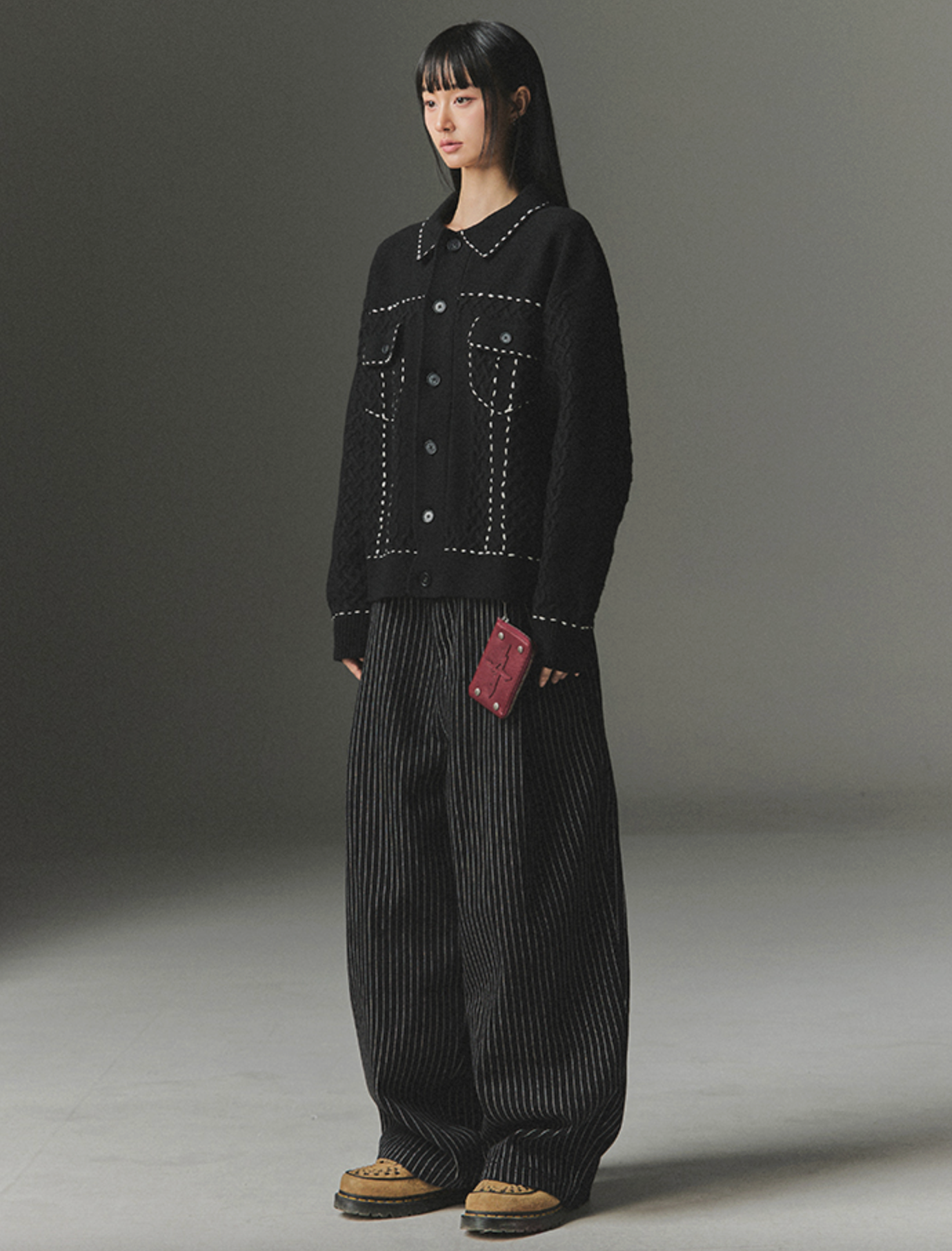 Contrast Stitch Knit Trucker Jacket BLACK